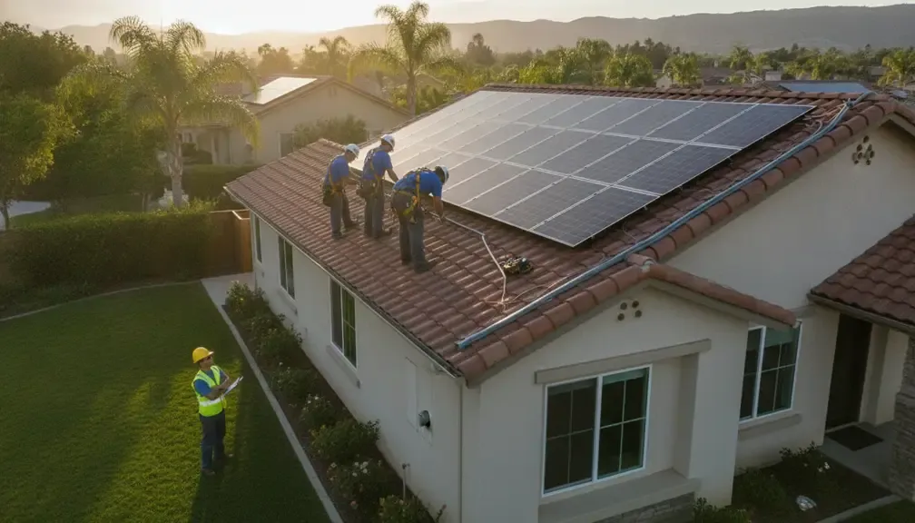 Solar installers completing panel work before inspection in California