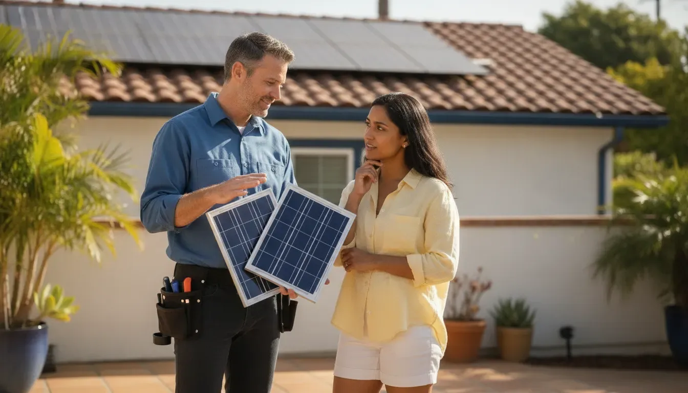 California homeowner comparing solar panel options with an installer