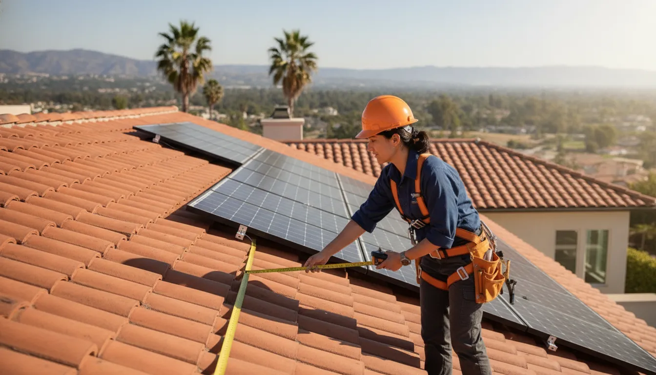 Solar professional measuring a California home roof for solar system design