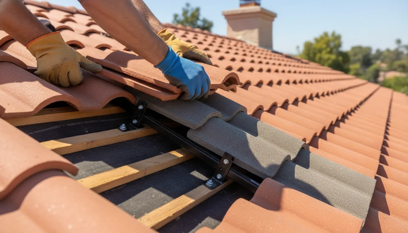 Solar mounting hardware beneath carefully lifted terracotta roof tiles