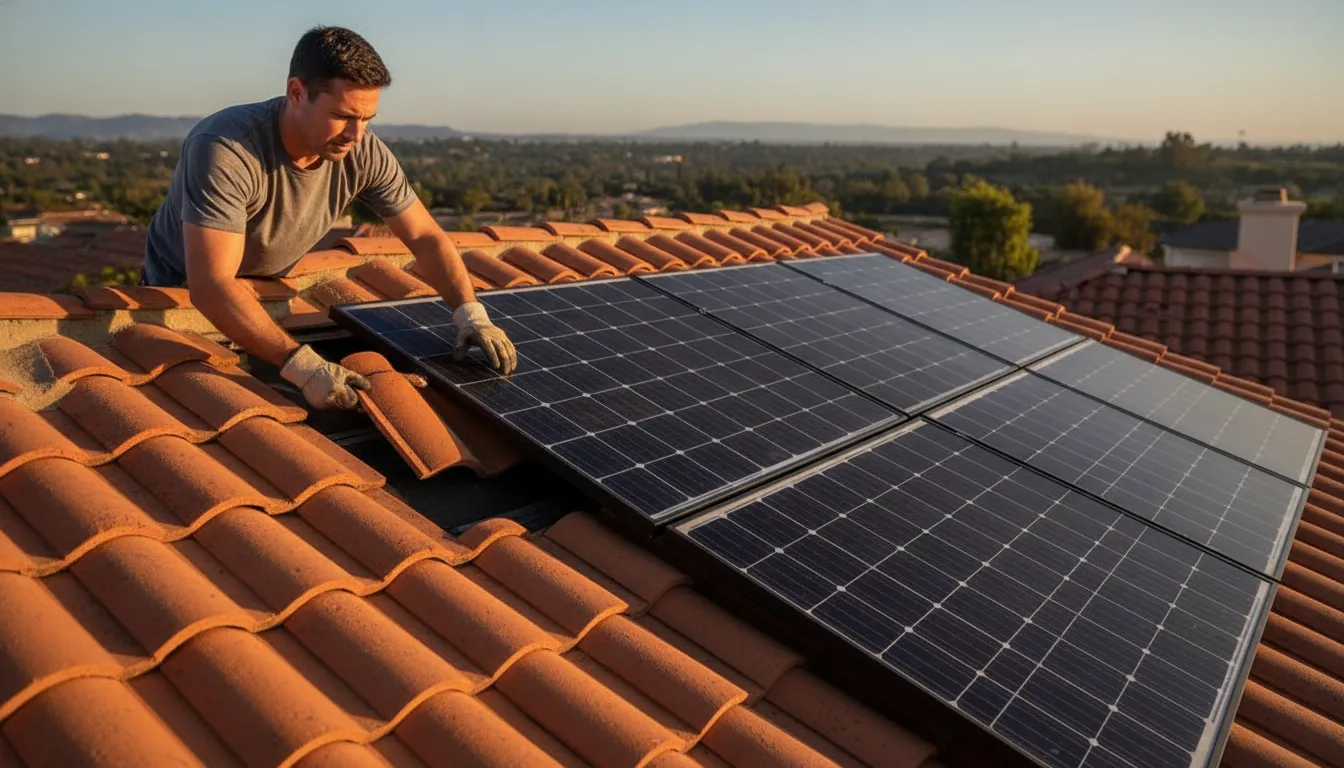 Installer positioning solar panels above a California clay tile roof