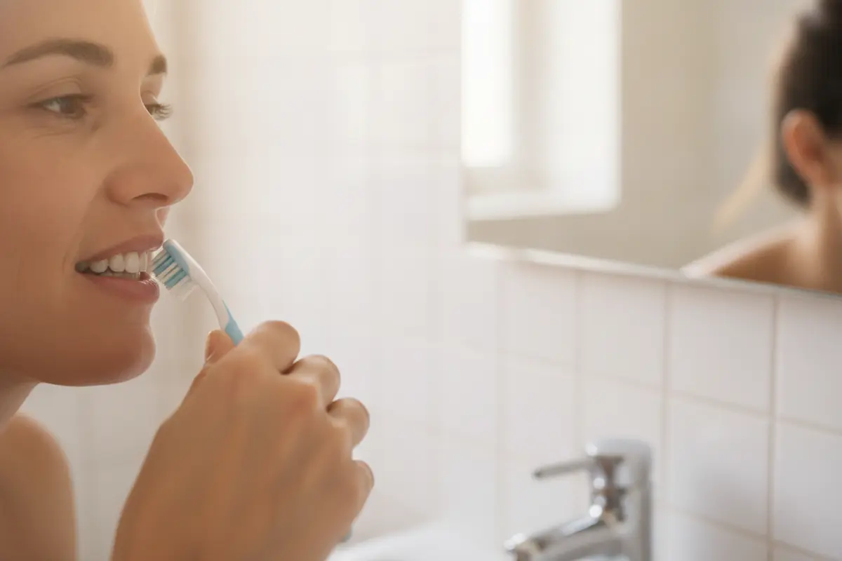 Adult using a soft-bristled toothbrush to clean carefully along the gumline around a dental crown