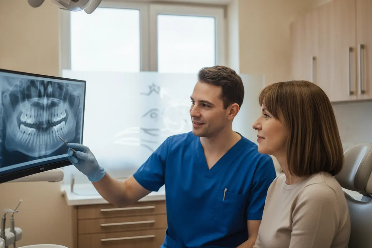 Dentist and patient discussing a dental X-ray on a monitor