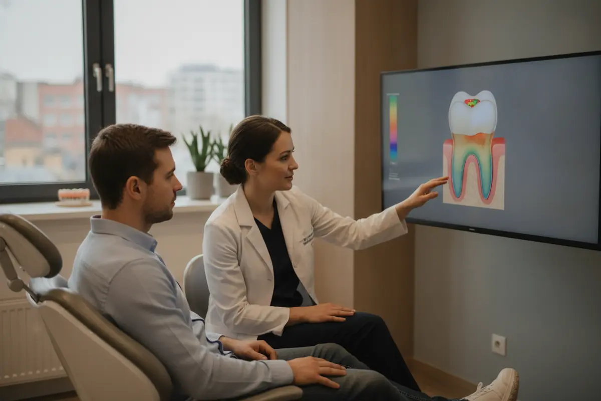 Dentist and patient reviewing a digital scan before discussing a dental crown