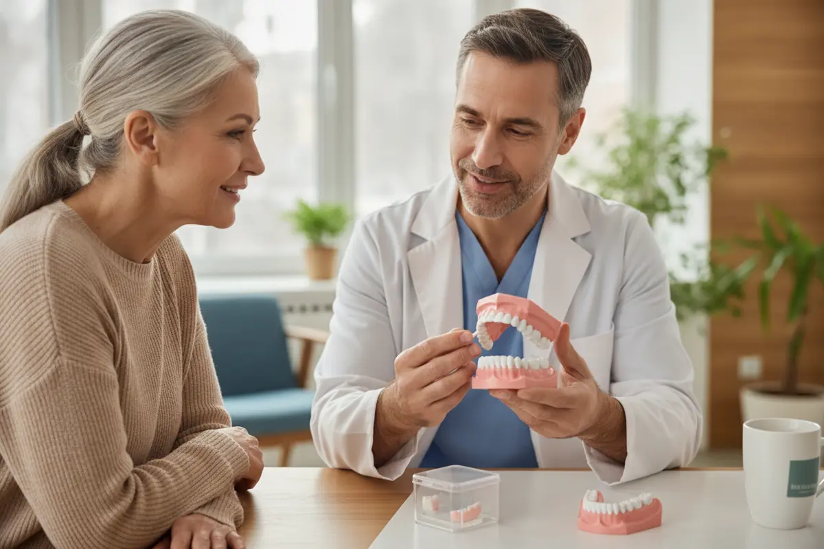 Dentist discussing denture options with an adult patient in a bright consultation room
