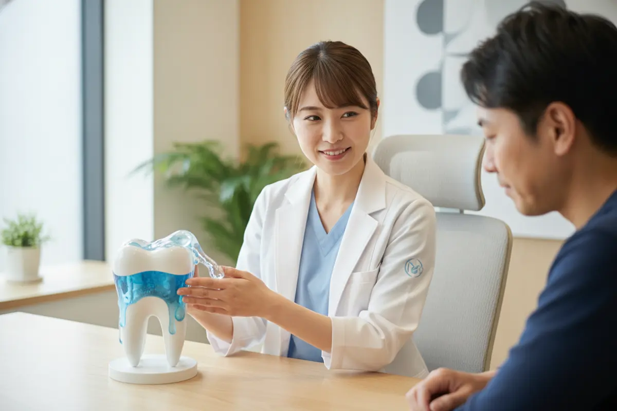 Dentist discussing how saliva supports oral health with an adult patient