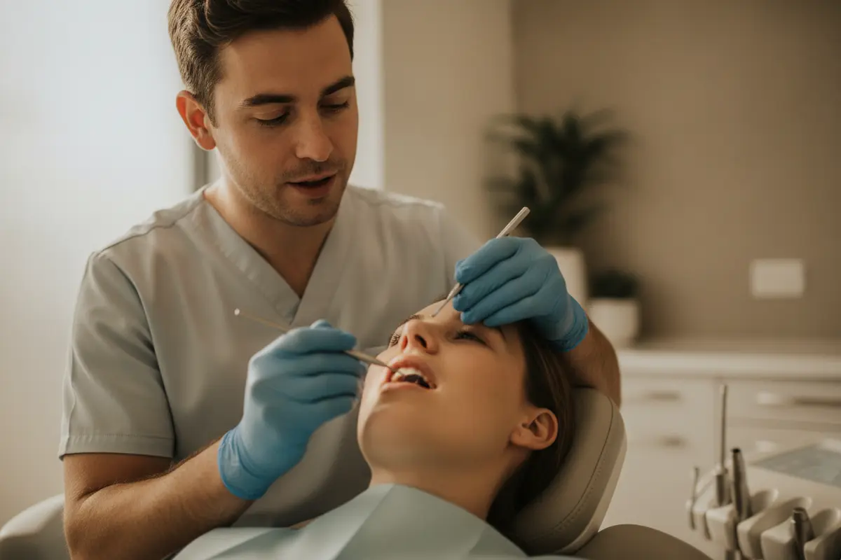 Dentist examining a tooth and reviewing a crown restoration plan with a patient