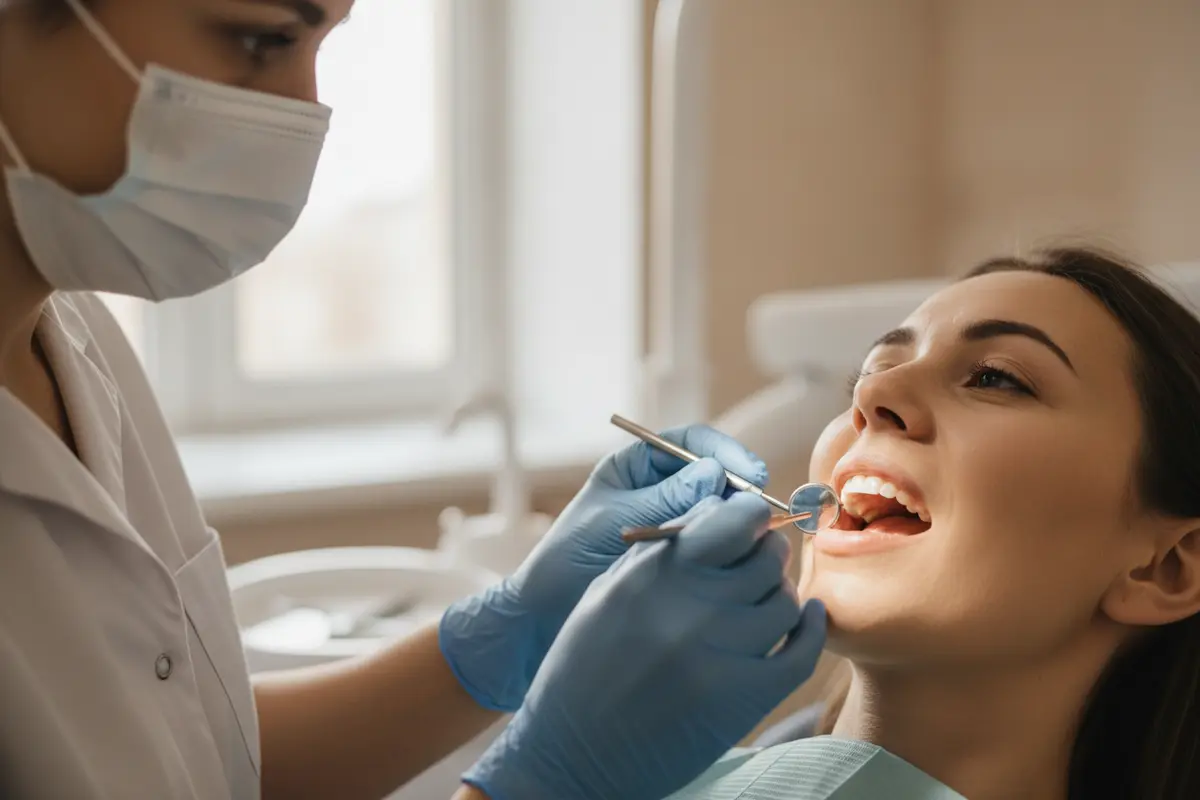 Dentist gently examining a tooth after a filling has come out
