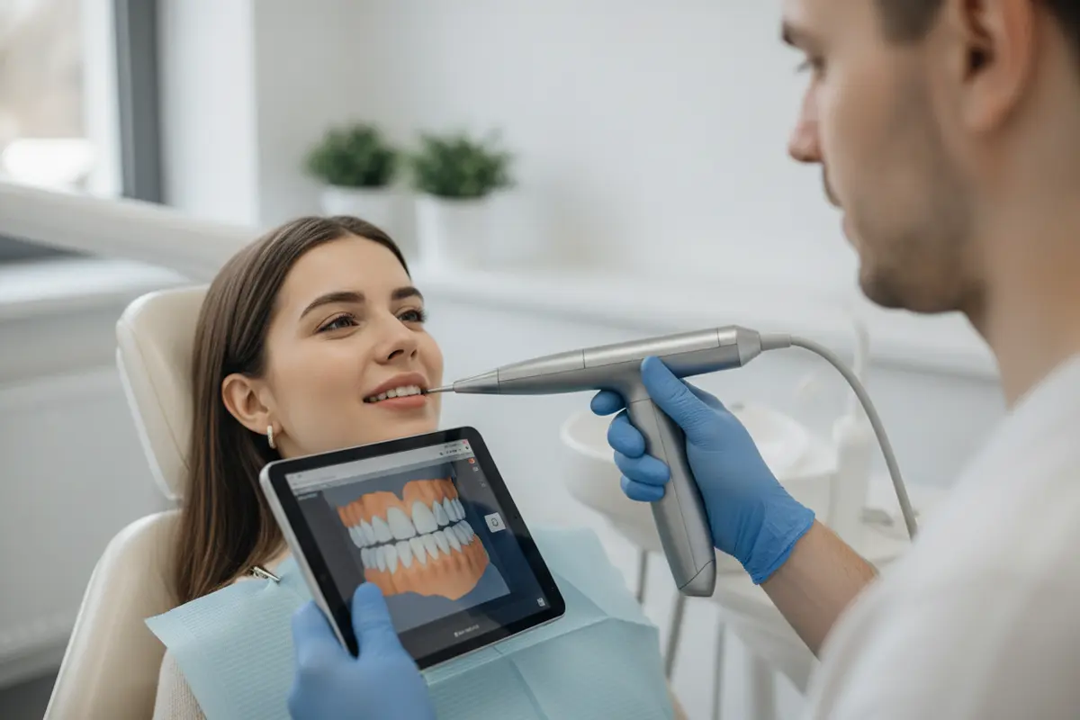 Dentist using a digital scanner to review front teeth during veneer planning