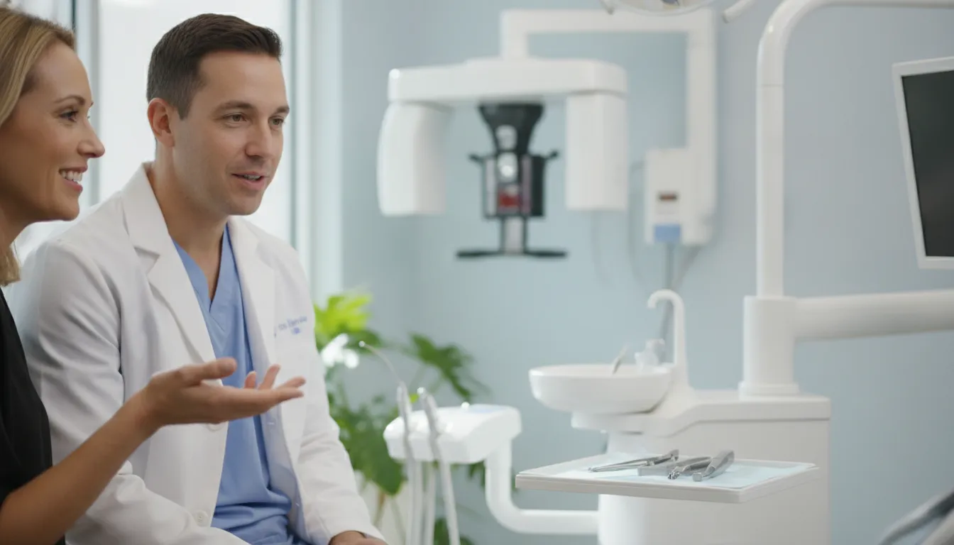 Dentist discussing preventive fluoride care with an adult patient in West Melbourne, Florida