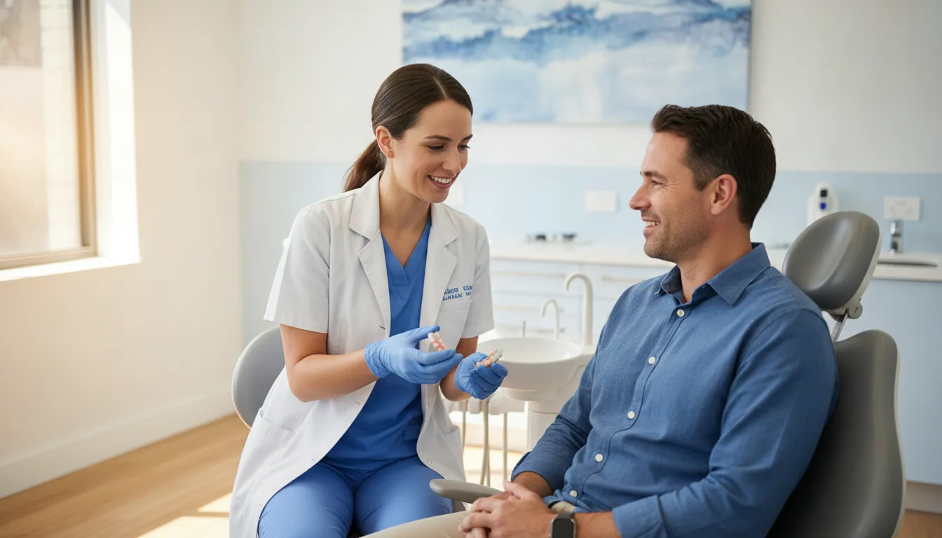 Dentist examining a damaged denture with a patient in West Melbourne, Florida