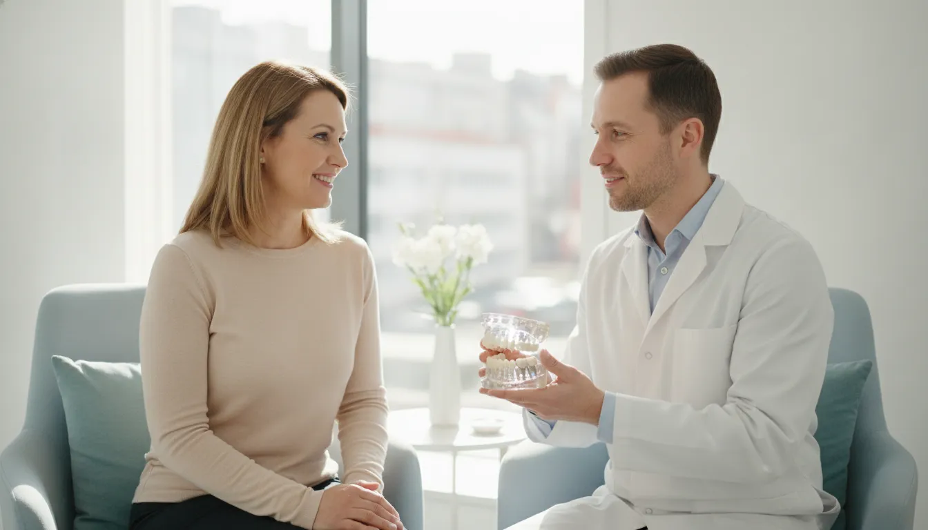 Dentist and adult patient discussing tooth replacement options in a bright dental clinic
