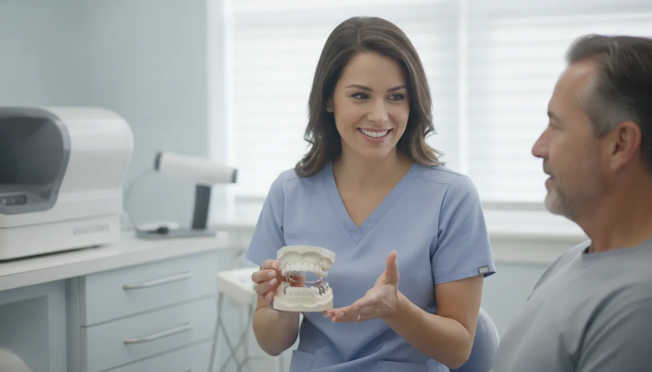 Dentist discussing full mouth dental implants cost with insurance and full-arch options with an adult patient