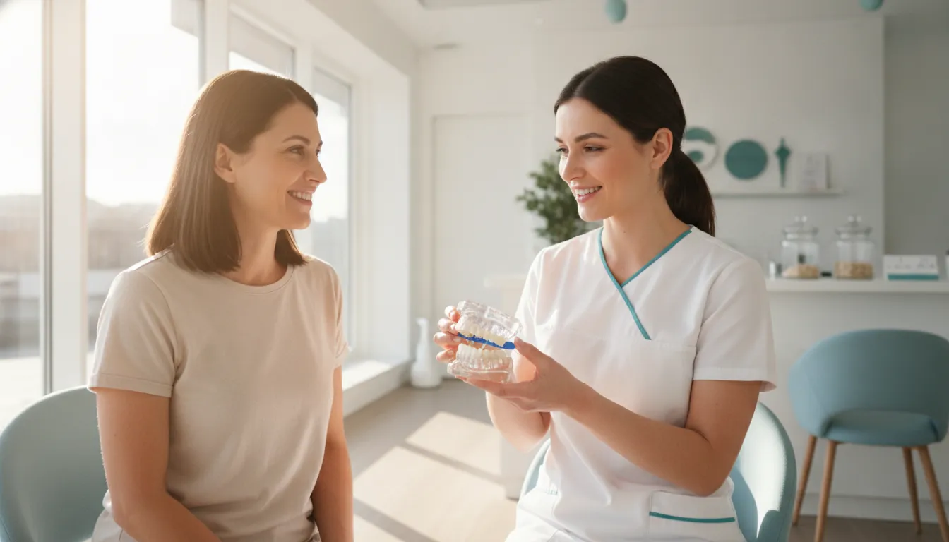 Patient discussing dental bridge aftercare with a dentist in a bright clinic