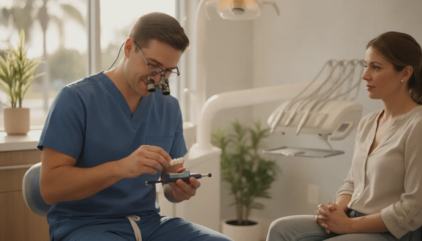 Dentist placing a dental crown on a model tooth in a modern Melbourne FL operatory