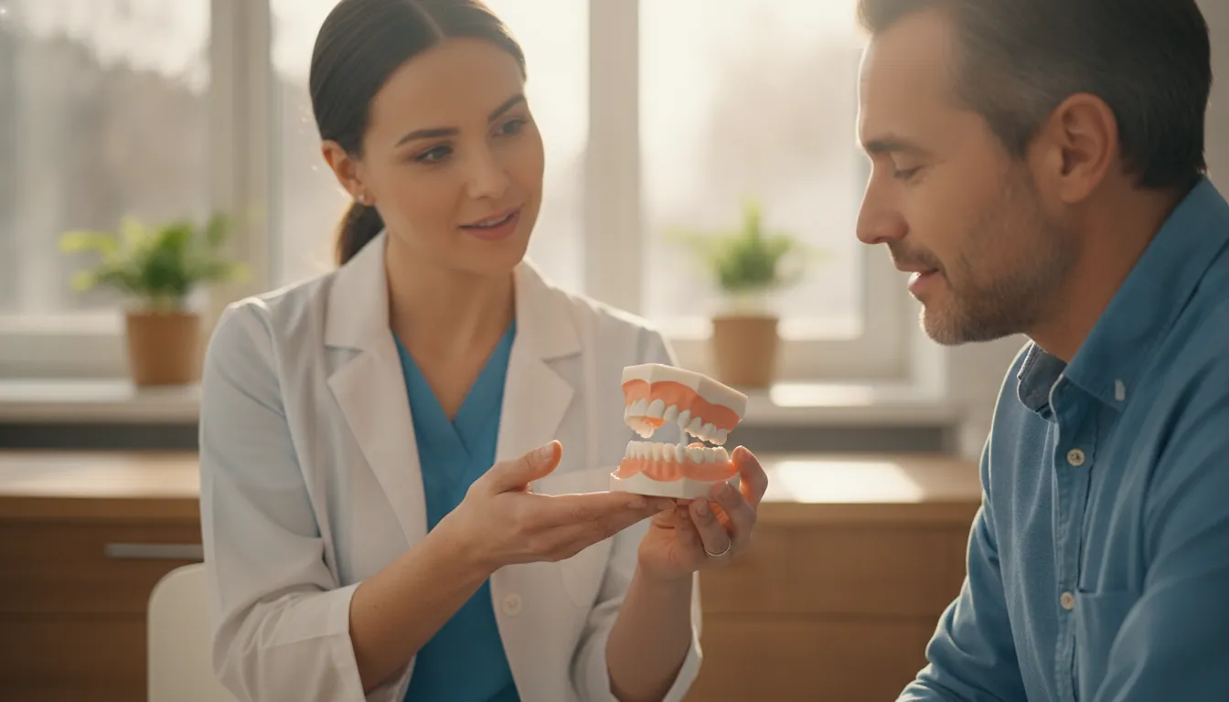 Dental professional showing a full-arch tooth replacement model during an implant consultation