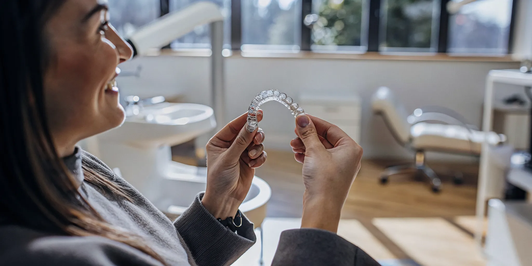 Dental patient smiling while holding a clear Invisalign aligner tray in a modern dental office