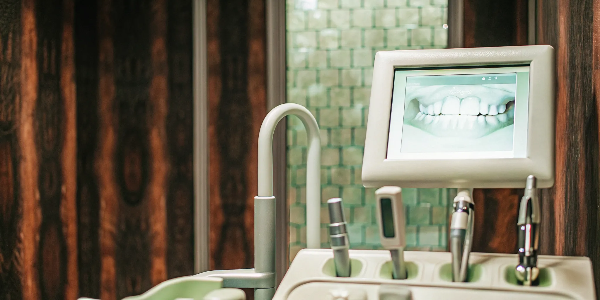 Modern dental examination room with digital intraoral scanner and monitor