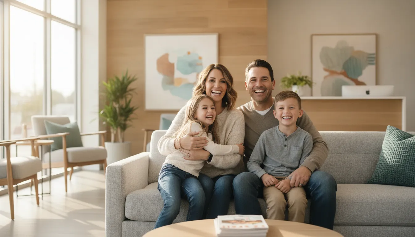 A family smiling together in a bright West Melbourne dental office
