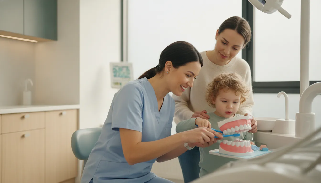 A dentist guiding a young child through a gentle examination while a parent watches