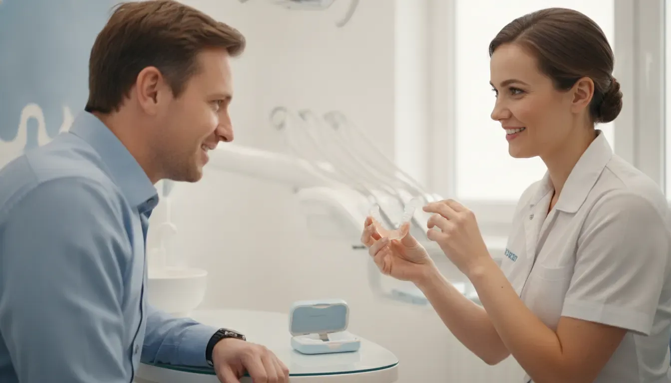 Dentist explaining light-activated whitening and custom take-home trays during a consultation