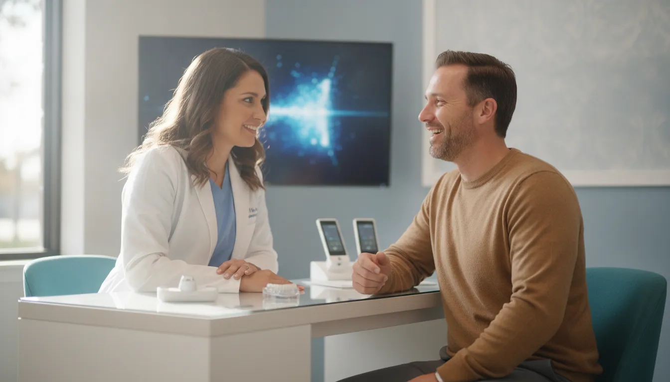 Dentist discussing veneer treatment planning and payment options with a patient