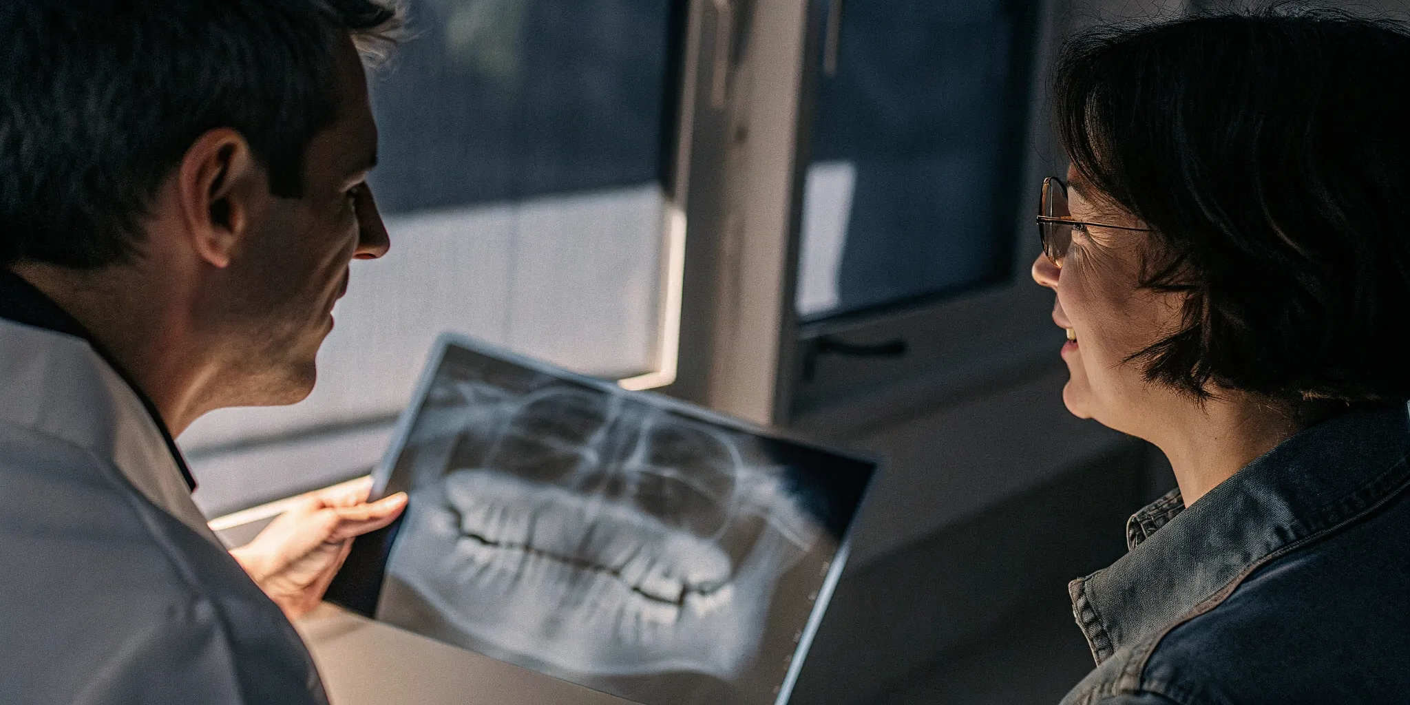 Dentist discussing root canal and tooth extraction treatment options with a patient