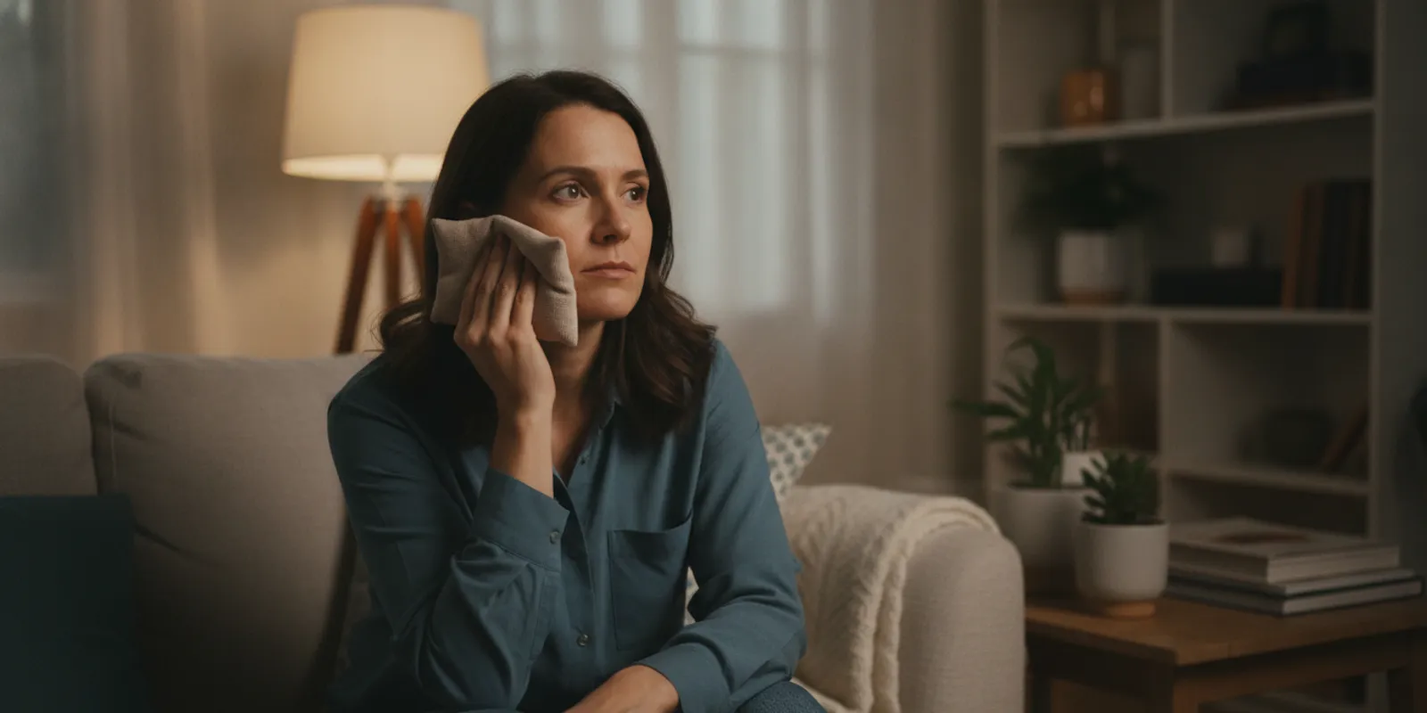 An adult holding a cool compress against their cheek at home in the evening