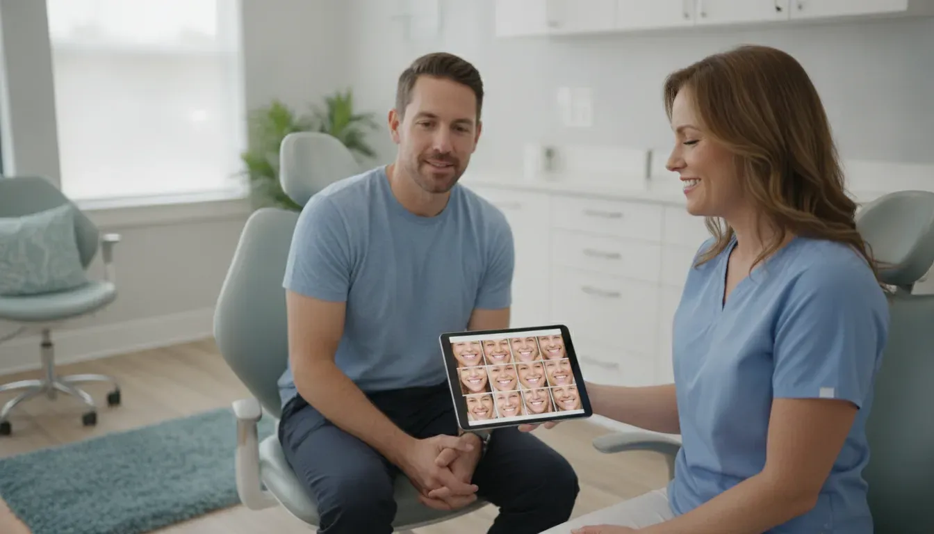 Dentist and adult patient reviewing general smile examples during a veneer consultation
