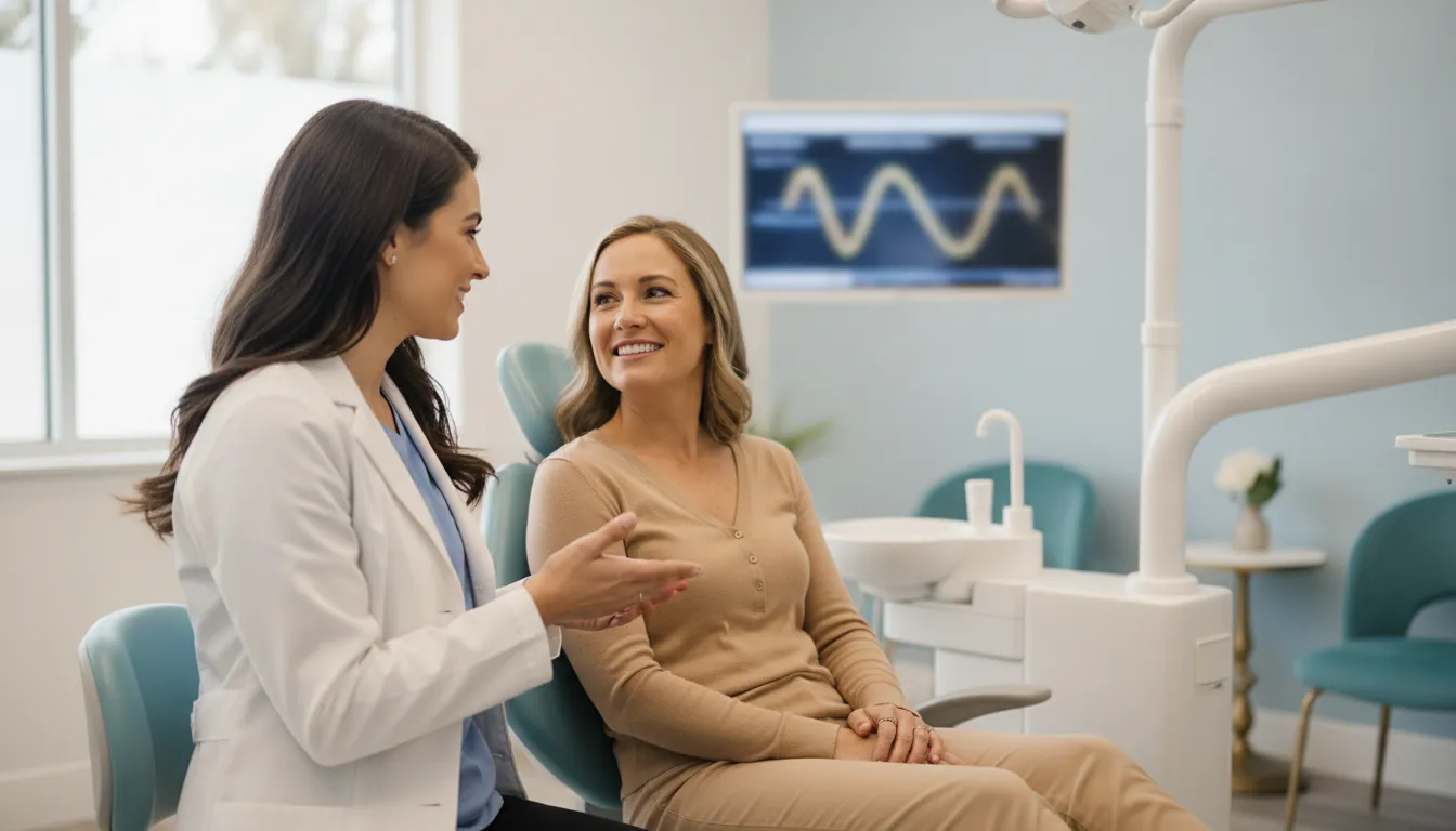 Dentist and adult patient discussing veneer options during a smile consultation