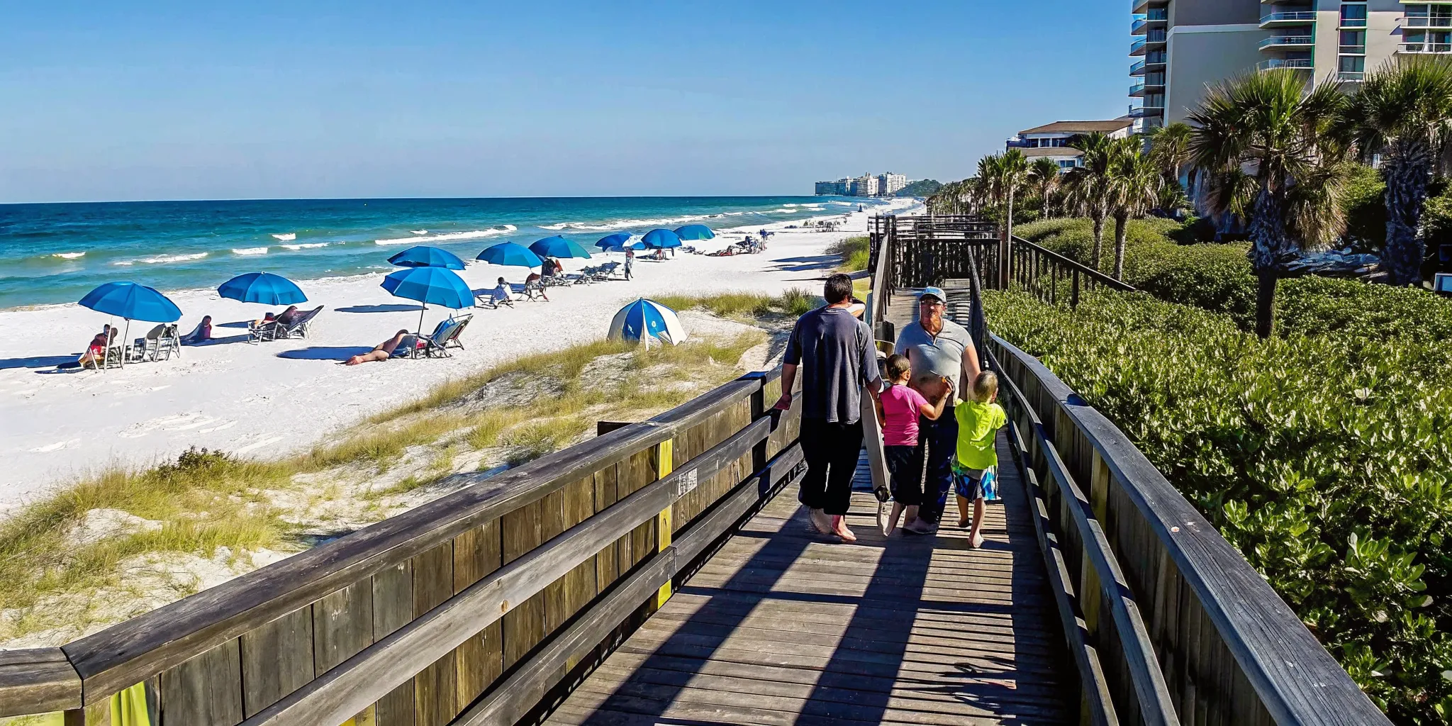 Family with children enjoying a day at Panama City Beach with umbrellas and turquoise Gulf waters