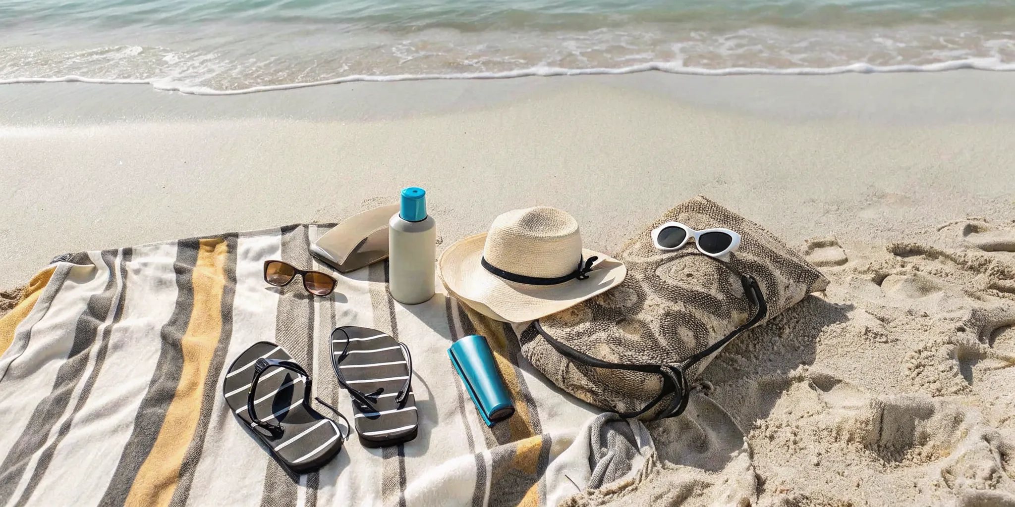Flat lay of Panama City Beach packing essentials including sunscreen, sunglasses, hat, towel, and flip-flops arranged on white sand