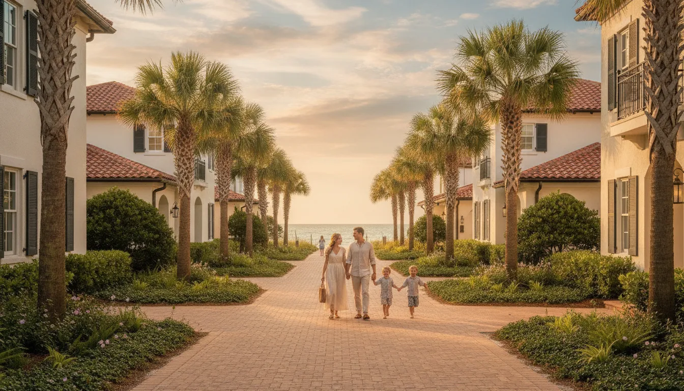 Family enjoying a polished Rosemary Beach vacation setting near the Gulf Coast