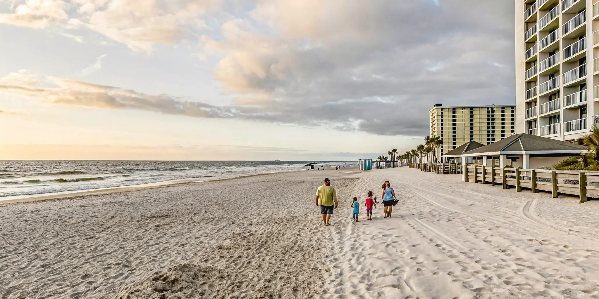 Family walking on a beautiful white sand beach during an October sunset in Panama City Beach