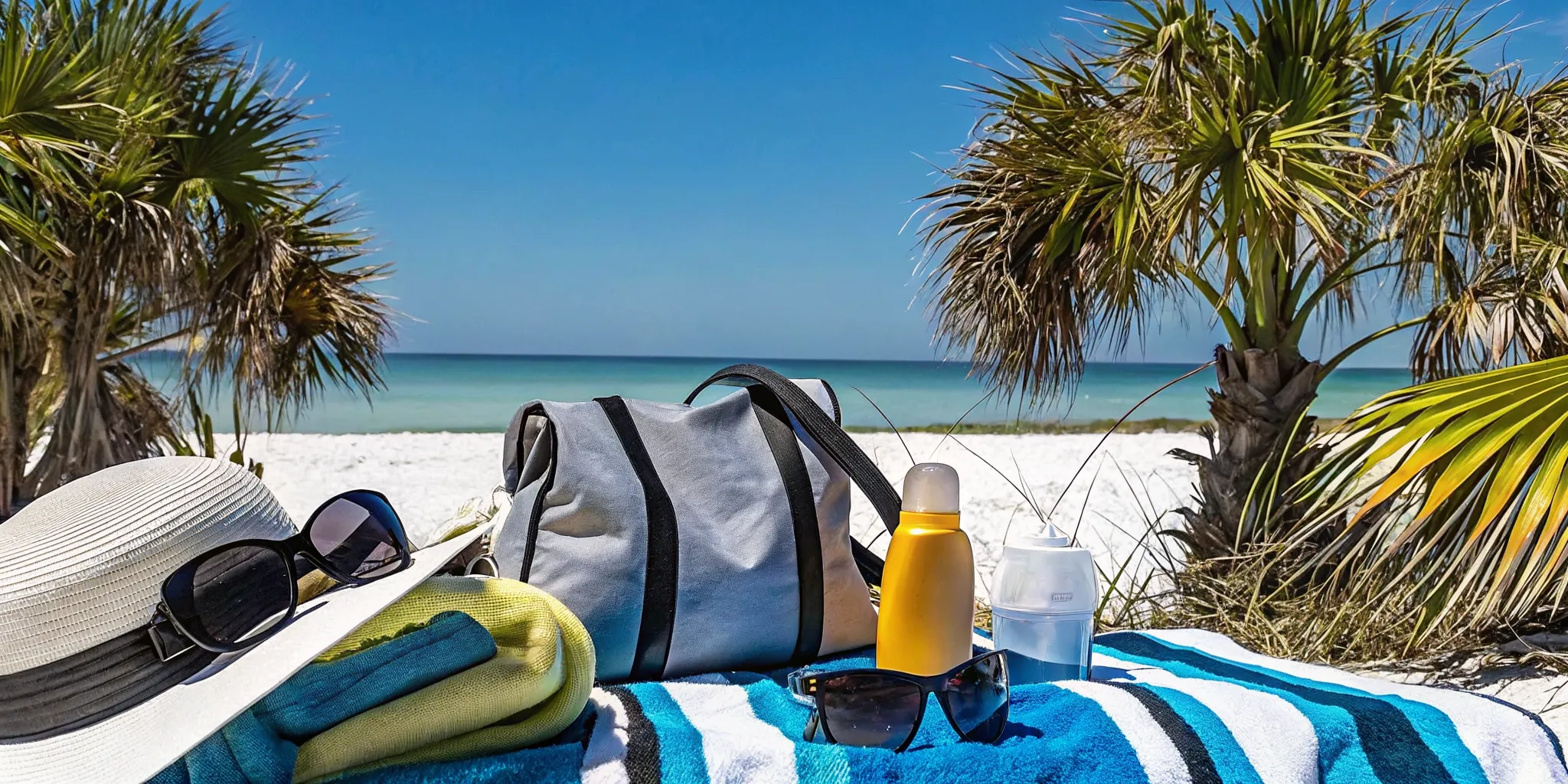 Beach packing essentials arranged on a towel in the sand with turquoise Gulf of Mexico waters in the background
