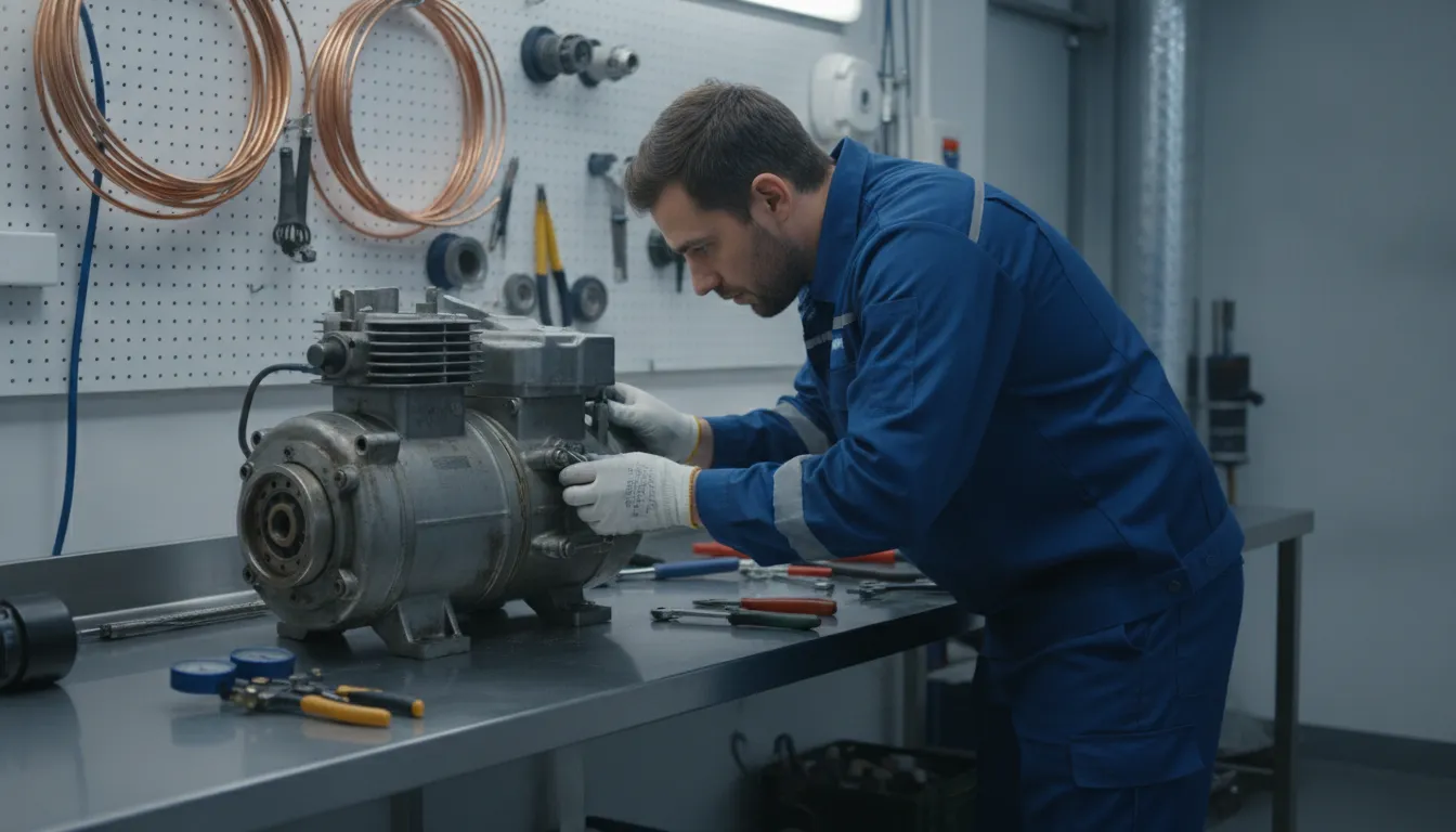Technician inspecting a semi-hermetic compressor for commercial refrigeration
