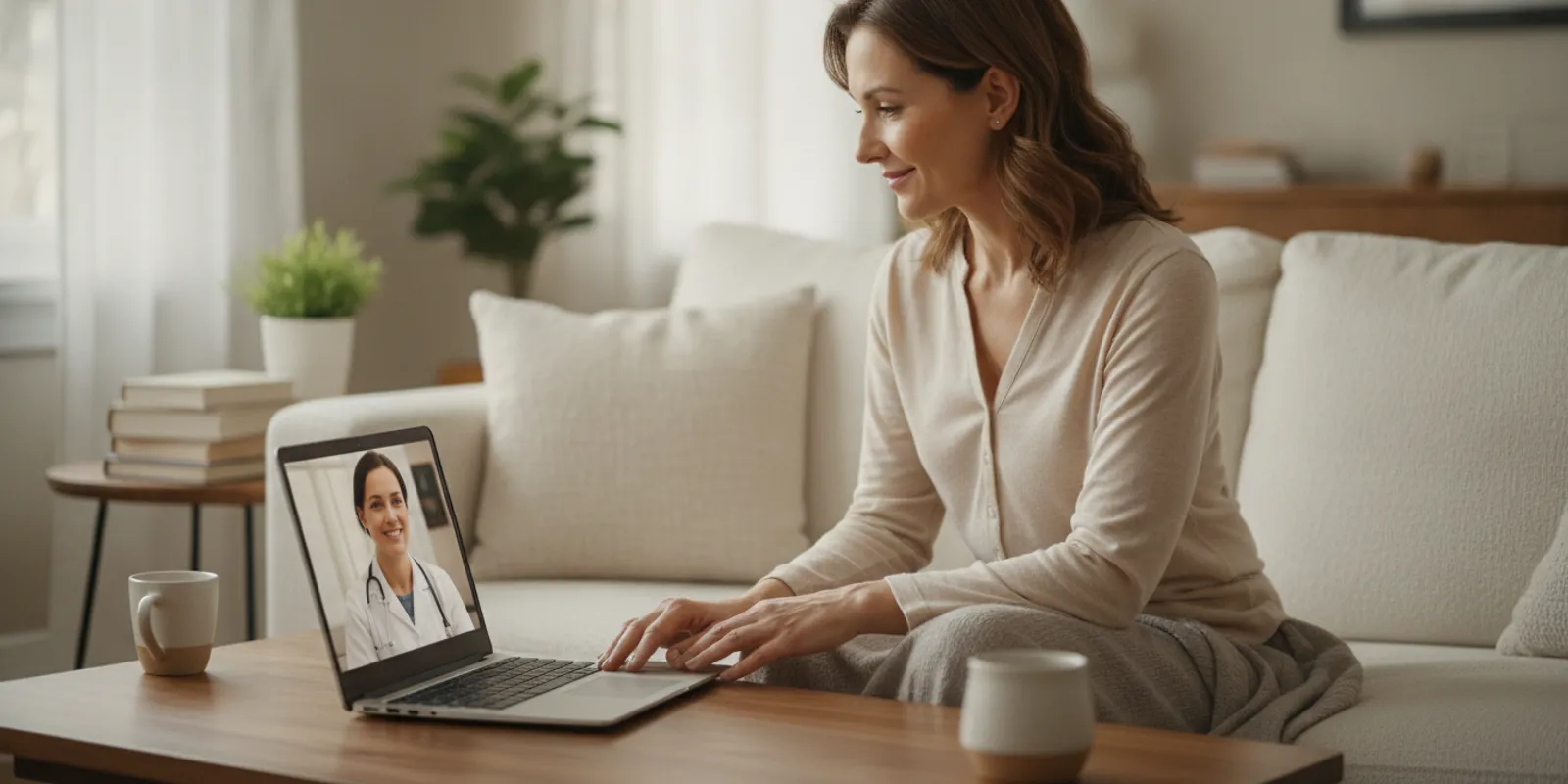 Adult speaking with a clinician by video from a quiet home setting