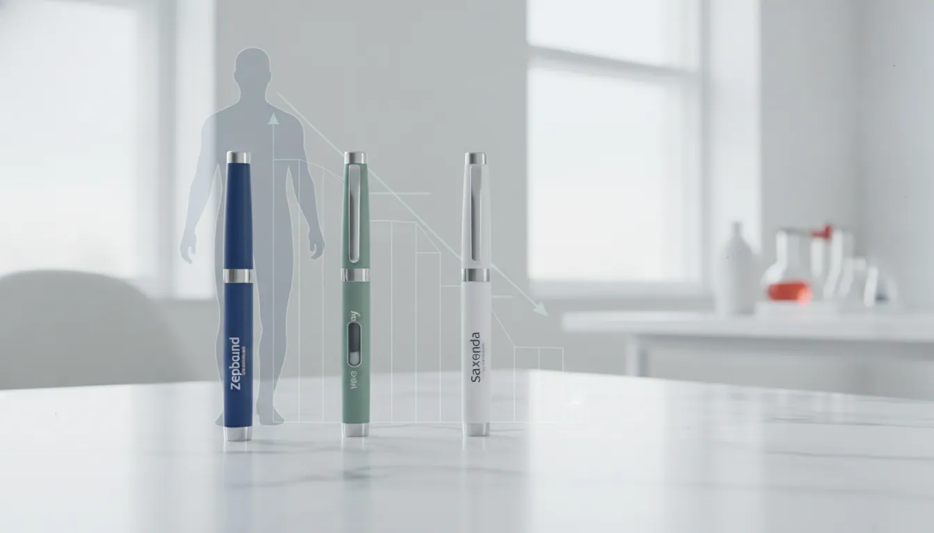 Zepbound, Wegovy, and Saxenda weight loss injection pens with a human silhouette and graph.