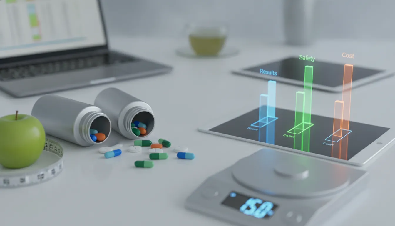 Weight loss pills and supplements beside a tablet comparing results, safety, and cost.