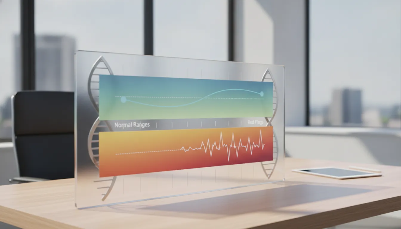 Blood sugar chart showing normal ranges and red flags on a transparent office screen.