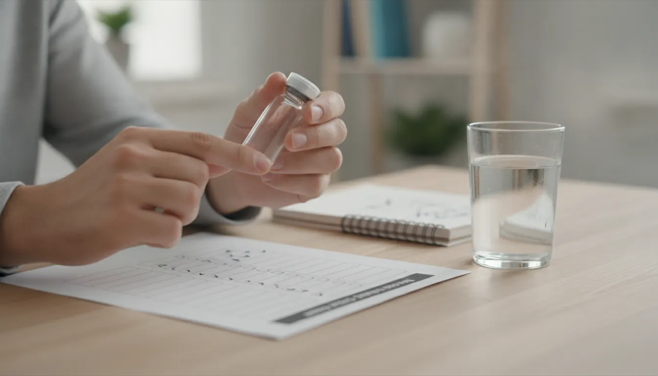 A clinician reviews a medication checklist and a sealed vial on a desk