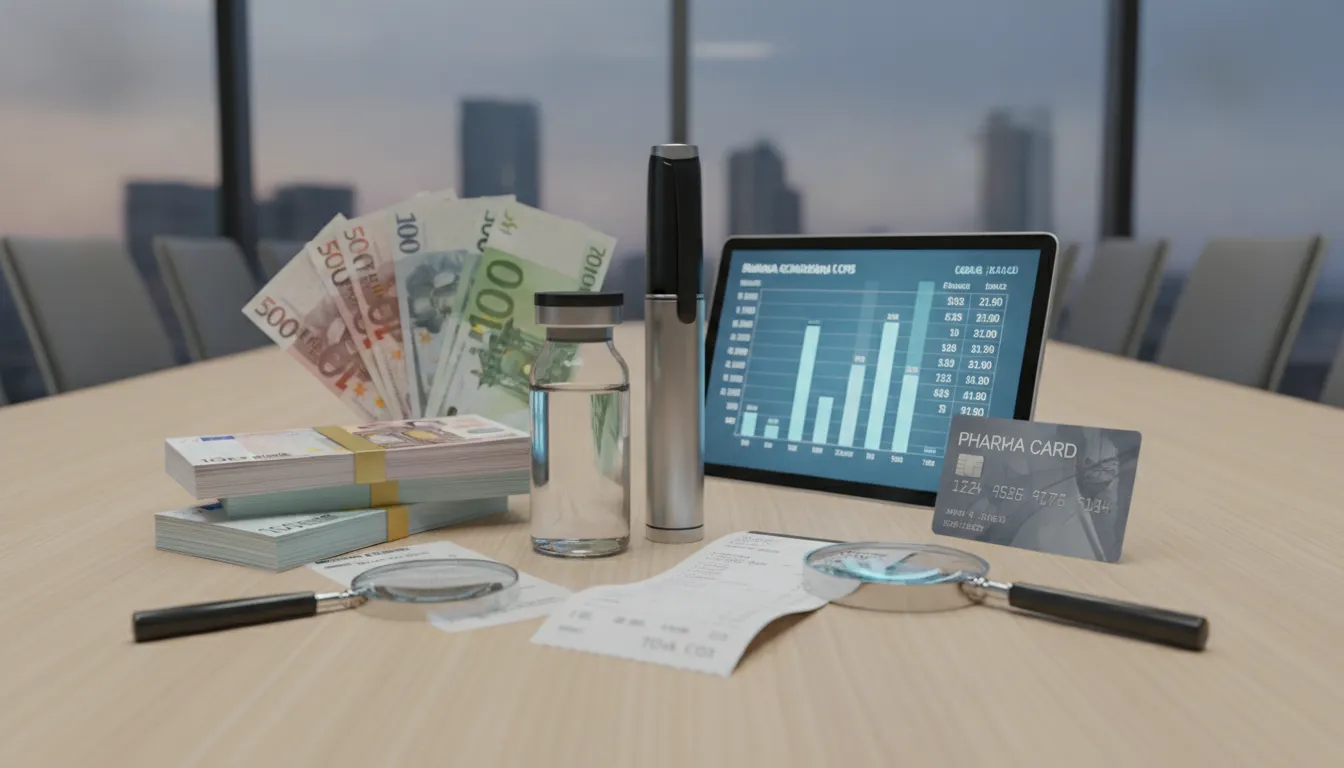 GLP-1 medication cost and pricing with euro bills, a prescription, and a chart.