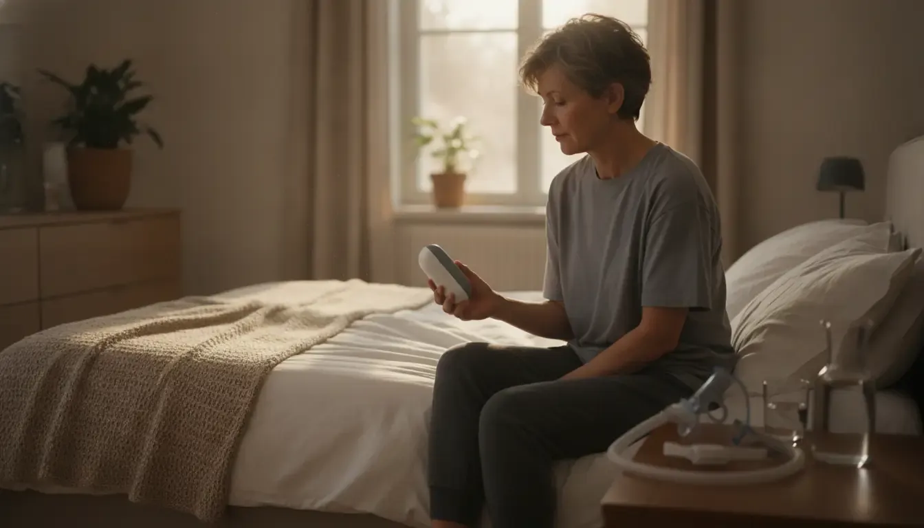 An adult sits on a bed at dawn beside a closed injection pen case, with a CPAP mask resting on the nightstand
