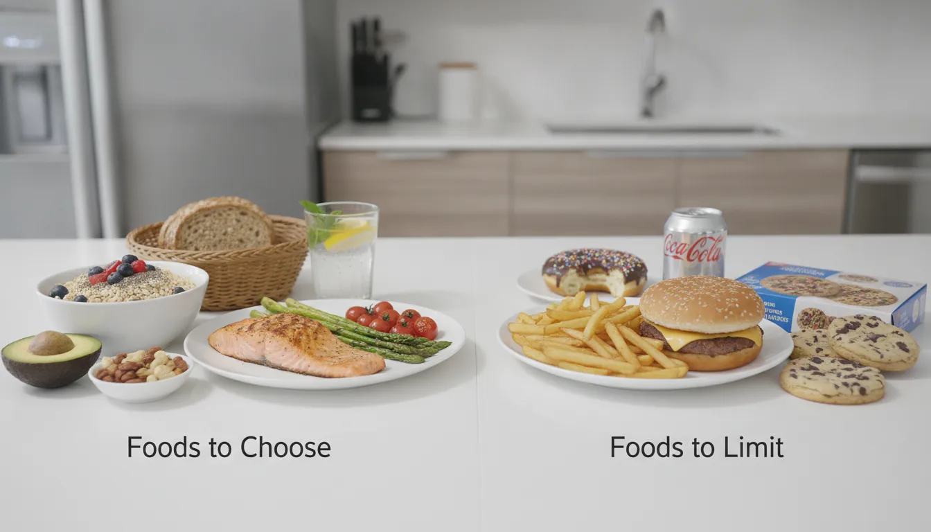 Healthy diet for diabetics: salmon, vegetables, whole grains, burgers, fries, soda, cookies, and donuts.