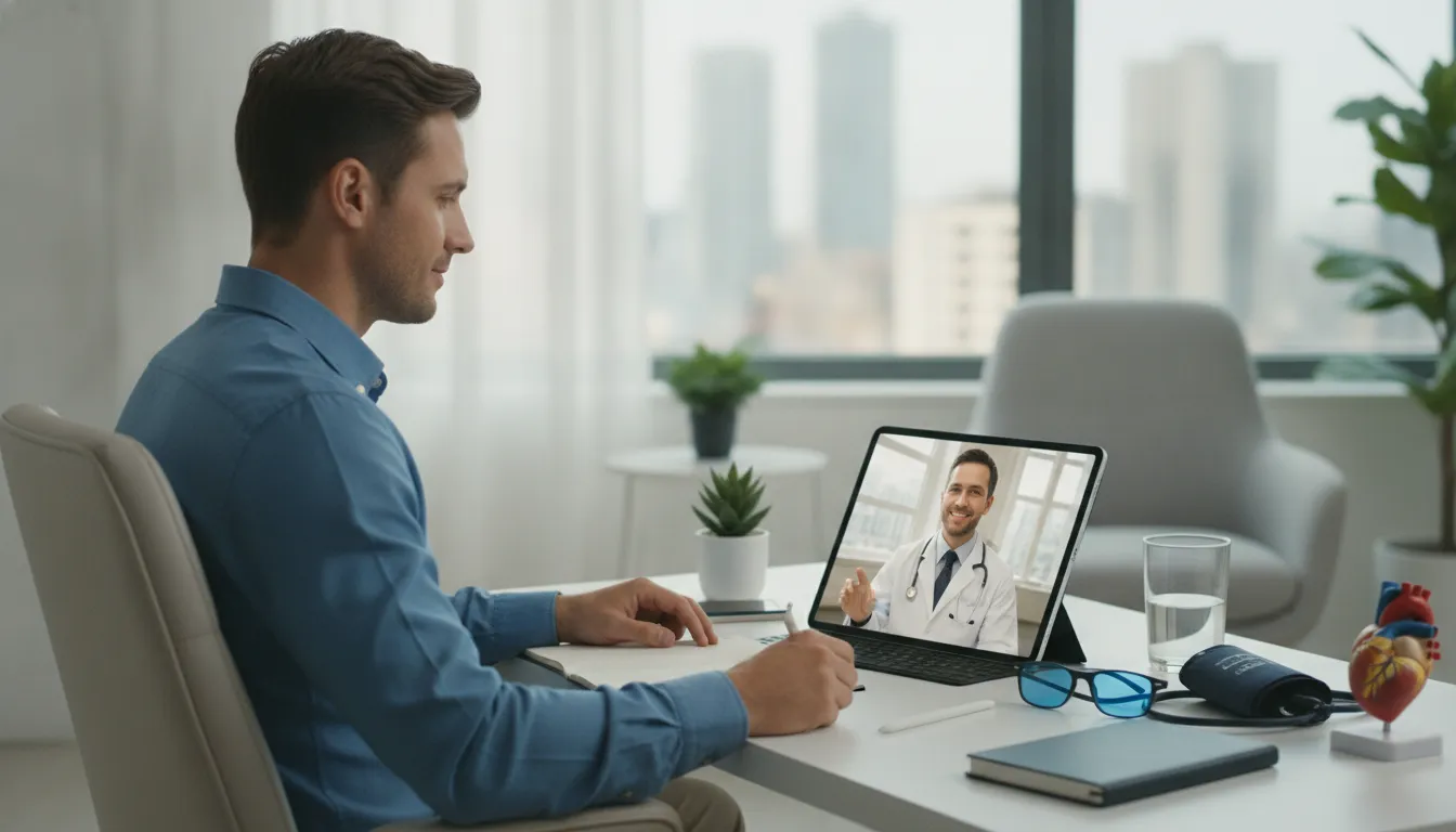 Man speaking with a doctor by laptop during a telehealth visit for men's health care.