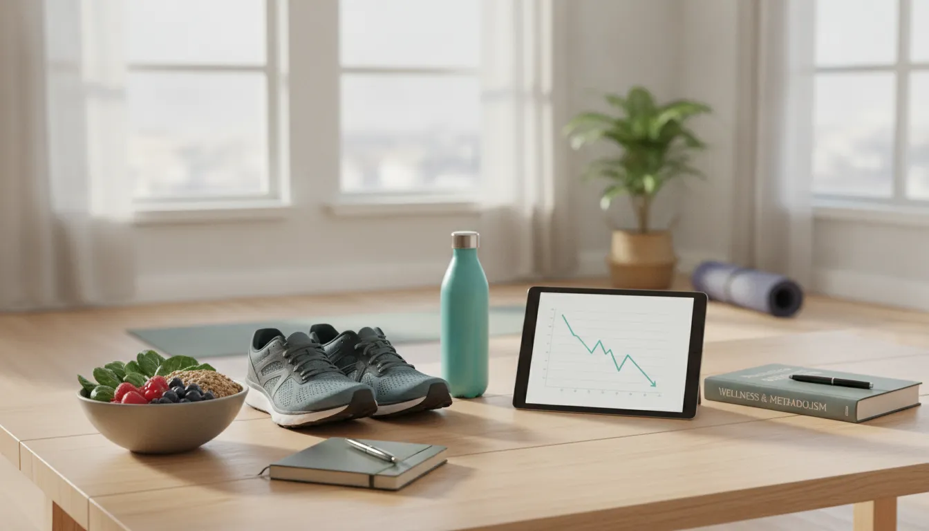 Healthy meal, running shoes, water bottle, and tablet for insulin resistance treatment.
