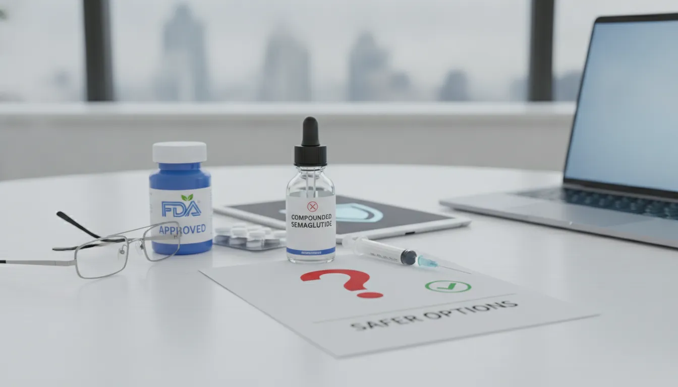 Compounded semaglutide vial beside an FDA-approved bottle and syringe, with safer options listed.