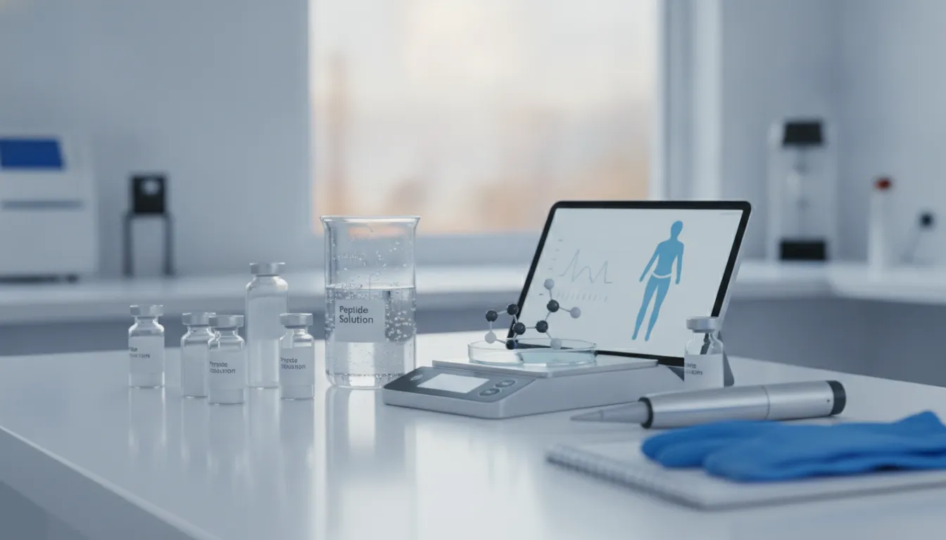 Lab vials, beaker, molecular model, and tablet related to peptides for weight loss.