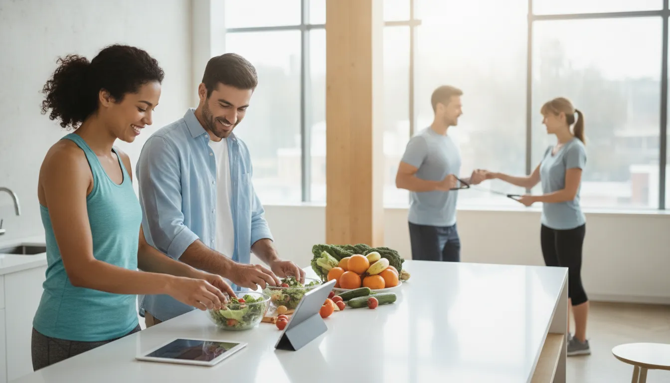 Adults preparing salads and exercising to support prediabetes treatment through lasting lifestyle changes.
