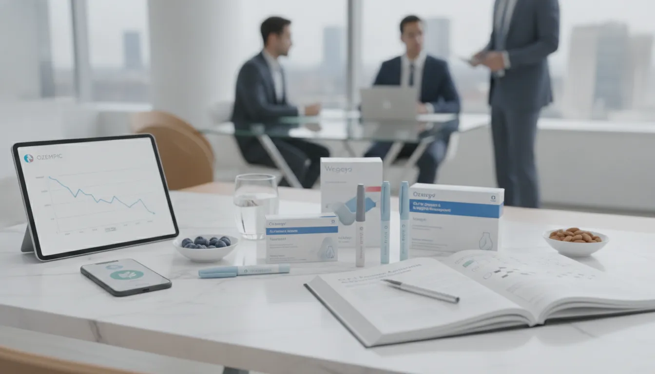Prescription weight loss medication boxes, injection pens, and a weight-loss data chart on a table.